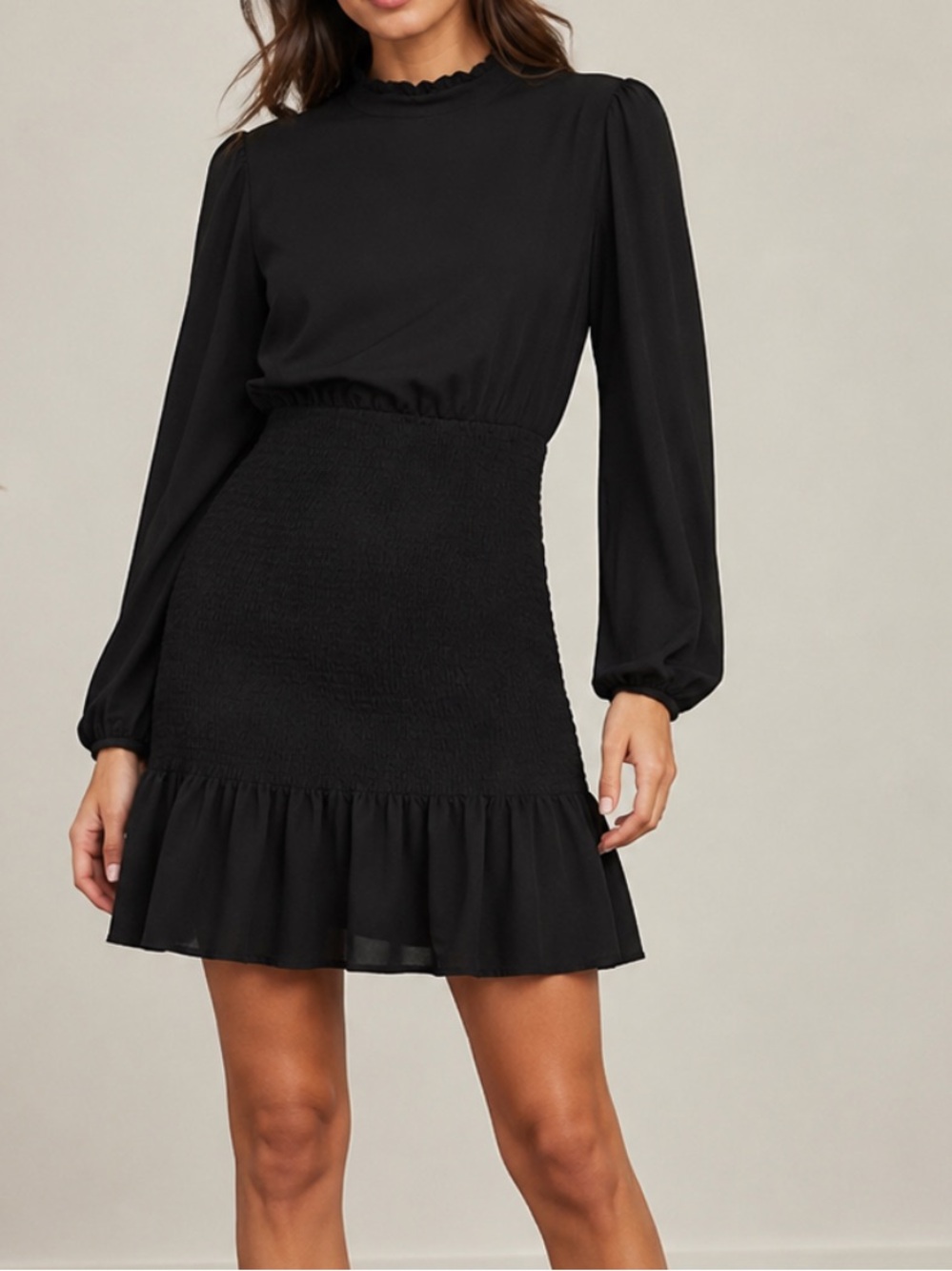 Fashion Nova Black Long Puff-Sleeve Smocked Mini Dress